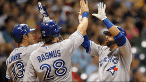 A rare moment of joy and high fives. Welcome to the Jays in April.