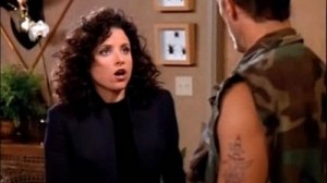 Elaine gets her first look at the fatigues.